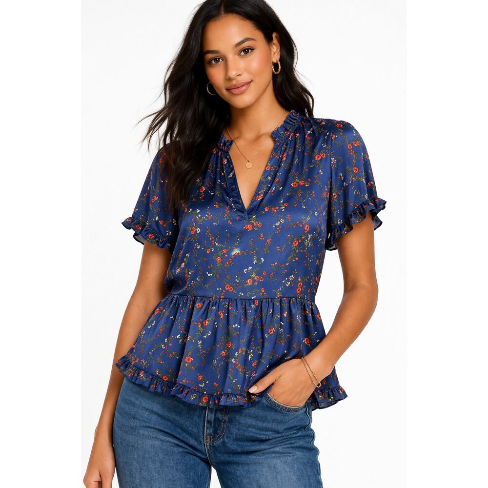 Madewell Silk Stanza Ruffle-Hem Top in Moonless Floral‎ Size XS Navy Blue